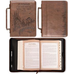 Christian Art Gifts Men's Classic Bible Cover On Wings Like Eagles Mountain Isaiah 40:31, Brown Faux Leather, Medium