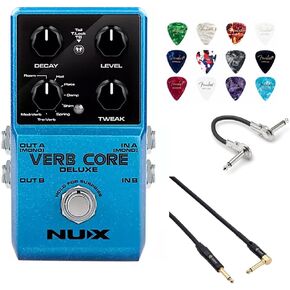 NUX Verb Core Deluxe Pedal with 8 Different Reverbs and Freeze Bundle with Kopul 10' Instrument Cable, Hosa 6" Guitar Patch Cable and Fender 12-Pack Guitar Picks