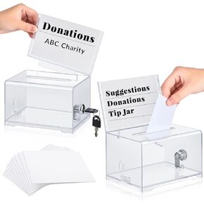 Lewtemi 2 Pack Acrylic Donation Box with Lock Tip Jars Suggestion Box Storage Container Raffle Box and 10 Pieces White Cardboard for Business Cards, Voting, Collection 6.25 x 4.5 x 4 Inch