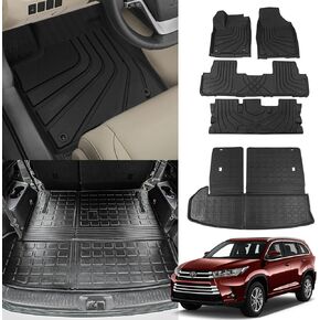 حصيرة البضائع متوافقة مع 2020-2024 Toyota Highlander Trunk Mat Cargo Liner Back Seat Cover Protector TPE Trunk Liner 2023 7 مقاعد Highlander Accessories (2020-2024، حصيرة الجذع + حصيرة مسند الظهر)