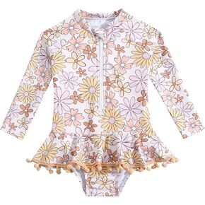 METYOUEZE Toddler Girl One Piece Swimsuit Long Sleeve Zipper Ruffle Tassel Swimwear Summer Beach Bathing Suit 12M-6T