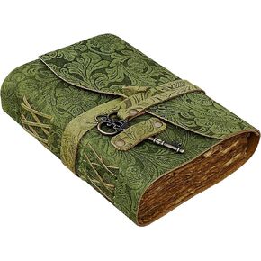 SH SHIFAA HANDICRAFT Leather Journal - Antique Handmade Deckle Edge Vintage Paper Leather Bound Journal - Book of Shadows Journal - Leather Sketchbook - Drawing Journal - Great Gift (Green) (7x5)