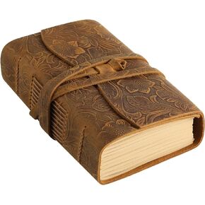 Ringsun Leather Journal Writing Notebook for Women Men Unlined Paper 400 Kraft Pages, 7 X 5 inches, Vintage Journal Leather Bound Daily Notepad, Brown,Carving