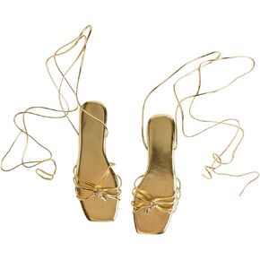 GORGLITTER Women's Lace Up Flat Sandals Gladiator Thong Sandals Ankle Strap Square Toe Summer Shoes