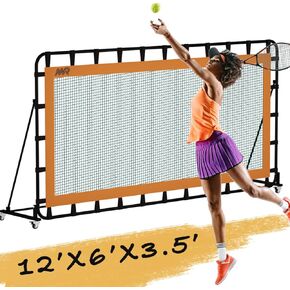 MR Tennis Rebounder 12’x6’, Adjustable Tilt Rebound Net, Multi-Sport Training Bounce Back Net, Tennis Court Gear, Rebound Wall on Wheels for Tennis, Pickleball, Lacrosse, Hockey, Softball, Baseball