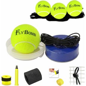 مدرب التنس المحمول flybomb بوزن 2.05 رطل، قاعدة حديدية ثقيلة، أداة تدريب التنس، ممارسة كرة التنس، دراسة ذاتية، 3 كرات ارتداد بديلة + سوار معصم + قبضة زائدة + حلقة + مخمد
