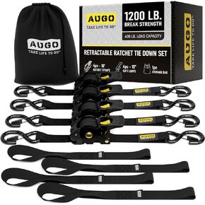 AUGO Retractable Ratchet Straps | 2 Heavy Duty Ratchet Straps Self Retractable Tie Down Straps with Soft Loops & Storage Bag for Motorcycle, Truck, Trailer, Cargo Van | 1200 Lb Break Strength 1" x 10’
