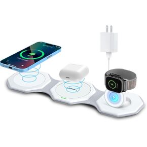 3 in 1 Wireless Charger for iPhone MagSafe Foldable - Magnetic Travel 18W Fast Charging Station Soft Silicone Sleep-Friendly Portable Charger Stand for iPhone 15/14/13/12 Apple Watch AirPods Pro Qi in Kuwait