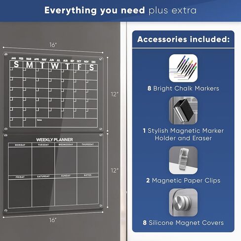 2 حزمة تقويم أكريليك للثلاجة - تقويم مغناطيسي شفاف للثلاجة - لوح مسح جاف - تقويم الثلاجة المغناطيسي الجاف مجموعة شهرية وأسبوعية - 8 علامات، حامل علامة وممحاة، مقاطع ورق in Kuwait
