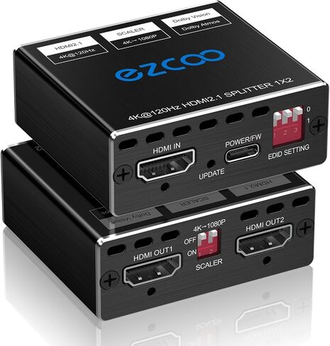 HDMI 2.1 Splitter 4K 120Hz 1 in2 Out VRR ALLM HDCP2.3 HDR10 8KUHD Dolby Vision Atmos Scaler 4K EDID 1080P Dual Monitors HDMI 2.1 Splitter 1X2 for PS5 SkyQ Xbox NVIDIA AMD in Saudi Arabia