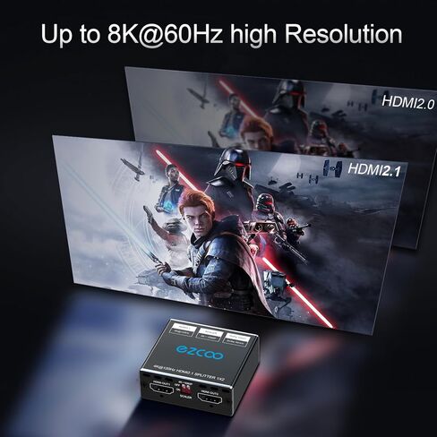 HDMI 2.1 Splitter 4K 120Hz 1 in2 Out VRR ALLM HDCP2.3 HDR10 8KUHD Dolby Vision Atmos Scaler 4K EDID 1080P Dual Monitors HDMI 2.1 Splitter 1X2 for PS5 SkyQ Xbox NVIDIA AMD in Saudi Arabia