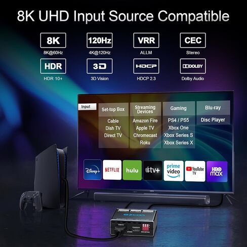 HDMI 2.1 Splitter 4K 120Hz 1 in2 Out VRR ALLM HDCP2.3 HDR10 8KUHD Dolby Vision Atmos Scaler 4K EDID 1080P Dual Monitors HDMI 2.1 Splitter 1X2 for PS5 SkyQ Xbox NVIDIA AMD in Saudi Arabia