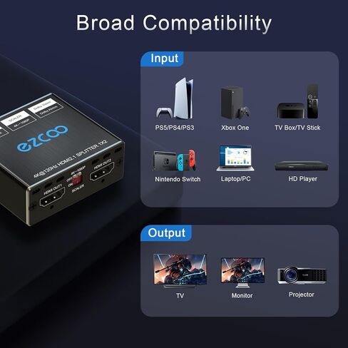 HDMI 2.1 Splitter 4K 120Hz 1 in2 Out VRR ALLM HDCP2.3 HDR10 8KUHD Dolby Vision Atmos Scaler 4K EDID 1080P Dual Monitors HDMI 2.1 Splitter 1X2 for PS5 SkyQ Xbox NVIDIA AMD in Saudi Arabia