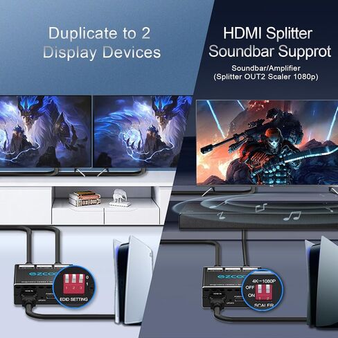 HDMI 2.1 Splitter 4K 120Hz 1 in2 Out VRR ALLM HDCP2.3 HDR10 8KUHD Dolby Vision Atmos Scaler 4K EDID 1080P Dual Monitors HDMI 2.1 Splitter 1X2 for PS5 SkyQ Xbox NVIDIA AMD in Saudi Arabia