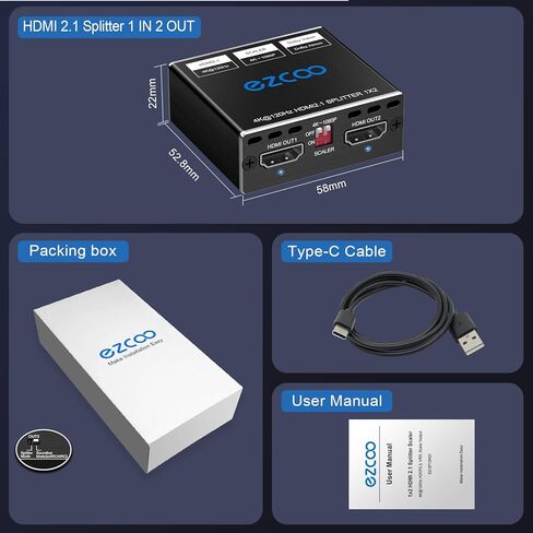 HDMI 2.1 Splitter 4K 120Hz 1 in2 Out VRR ALLM HDCP2.3 HDR10 8KUHD Dolby Vision Atmos Scaler 4K EDID 1080P Dual Monitors HDMI 2.1 Splitter 1X2 for PS5 SkyQ Xbox NVIDIA AMD in Saudi Arabia