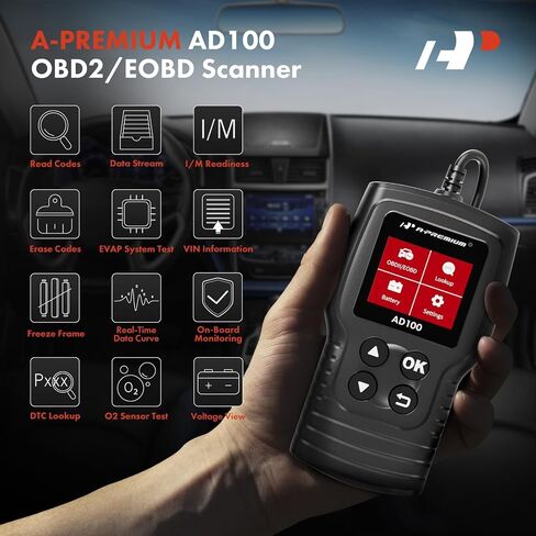 أداة تشخيص الماسح الضوئي A-Premium AD100 Universal Obd2، قارئ رمز السيارة OBDII/EOBD/CAN أداة المسح الضوئي، فحص ضوء المحرك/قراءة رموز الأخطاء الواضحة/فحص الضباب الدخاني/تدفق البيانات المباشر/اختبار البطارية، للسيارة منذ عام 1996 in Saudi Arabia