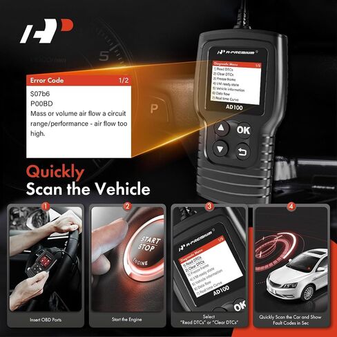 أداة تشخيص الماسح الضوئي A-Premium AD100 Universal Obd2، قارئ رمز السيارة OBDII/EOBD/CAN أداة المسح الضوئي، فحص ضوء المحرك/قراءة رموز الأخطاء الواضحة/فحص الضباب الدخاني/تدفق البيانات المباشر/اختبار البطارية، للسيارة منذ عام 1996 in Saudi Arabia