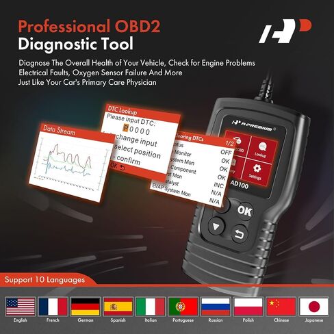أداة تشخيص الماسح الضوئي A-Premium AD100 Universal Obd2، قارئ رمز السيارة OBDII/EOBD/CAN أداة المسح الضوئي، فحص ضوء المحرك/قراءة رموز الأخطاء الواضحة/فحص الضباب الدخاني/تدفق البيانات المباشر/اختبار البطارية، للسيارة منذ عام 1996 in Saudi Arabia