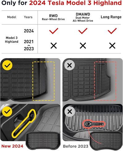 TAPTES 2024 Tesla Model 3 سجادات أرضية المرتفعات، مجموعة كاملة من Tesla Model 3 بطانات أرضية لجميع الأحوال الجوية 2024، Tesla Model 3 2024 Highland Accessories Tesla 3 Trunk Frunk Mat Rear علبة البضائع الداخلية (6 قطع) in Kuwait