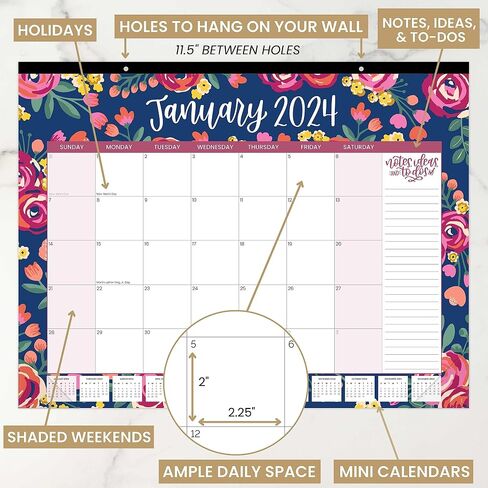 bloom daily planners 2024 Desk Calendar - 21" x 16" Large Monthly Organizer Pad with Stickers (January 2024 - December 2024) Wall Hanging or Desktop Blotter - Vintage Floral in Saudi Arabia