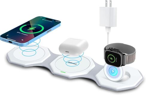 3 in 1 Wireless Charger for iPhone MagSafe Foldable - Magnetic Travel 18W Fast Charging Station Soft Silicone Sleep-Friendly Portable Charger Stand for iPhone 15/14/13/12 Apple Watch AirPods Pro Qi in Kuwait