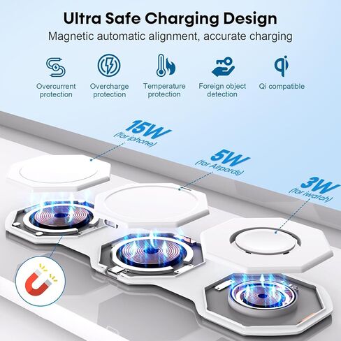 3 in 1 Wireless Charger for iPhone MagSafe Foldable - Magnetic Travel 18W Fast Charging Station Soft Silicone Sleep-Friendly Portable Charger Stand for iPhone 15/14/13/12 Apple Watch AirPods Pro Qi in Kuwait