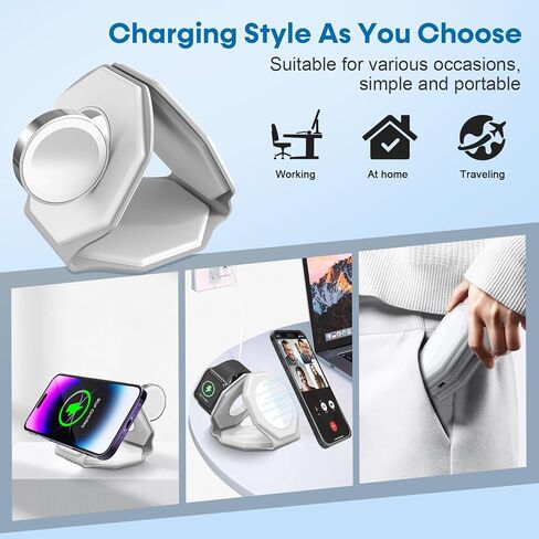 3 in 1 Wireless Charger for iPhone MagSafe Foldable - Magnetic Travel 18W Fast Charging Station Soft Silicone Sleep-Friendly Portable Charger Stand for iPhone 15/14/13/12 Apple Watch AirPods Pro Qi in Kuwait