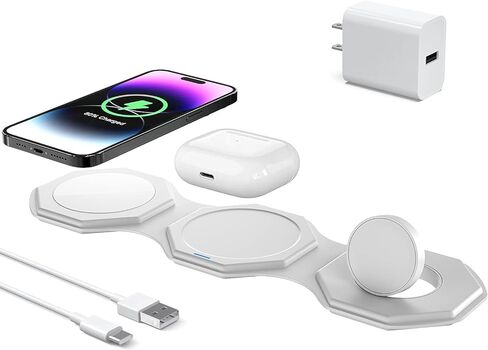3 in 1 Wireless Charger for iPhone MagSafe Foldable - Magnetic Travel 18W Fast Charging Station Soft Silicone Sleep-Friendly Portable Charger Stand for iPhone 15/14/13/12 Apple Watch AirPods Pro Qi in Kuwait