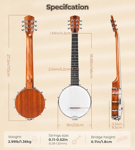 Vangoa 6 String Banjo Guitar Mini، 28 بوصة محمولة للسفر بانجيتار مع ظهر مغلق مفتوح، مجموعة جيتار بانجو صغيرة للمبتدئين مكونة من ستة أوتار للبالغين والمراهقين والأطفال المبتدئين in Saudi Arabia