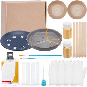 WEBEEDY Kintsugi Repair Kit 18 Pcs Japanese Kintsugi Gold Repair Kit for Beginners Adults,DIY Ceramic Pottery Repair Kit Comes with Practice Dish Japanese Art Gift for Broken Glass Jade Sculptures