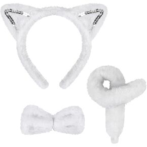3 Pieces White Cat Costume Set Cat Glitter Ears Headband Tail and Bow Tie Animal Fancy Dress Cat Costume Kit Party Accessories for Halloween,Birthday,Christmas,Cosplay Dress Up Party Decorations
