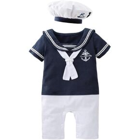 Dressy Daisy Infant Baby Boy Sailor Outfit Nautical Onesie Romper Bodysuit Costume Clothes with Hat, White Navy