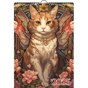 2025 Wall Calendar [12 pages 8"x12"] Adorable Cats with Gorgeous Wings and Colourful Flowers Vintage Art Nouveau Book Illustration Poster