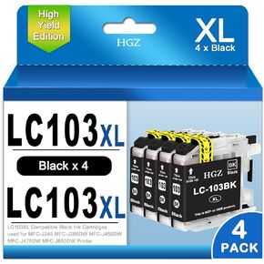HGZ LC103XL Compatible Ink Cartridges Replaccement for LC103 LC103XL High Yield Ink Compatible with MFC-J245 MFC-J285DW MFC-J450DW MFC-J475DW MFC-J650DW MFC-J870DW MFC-J875DW Printer (4 x Black)