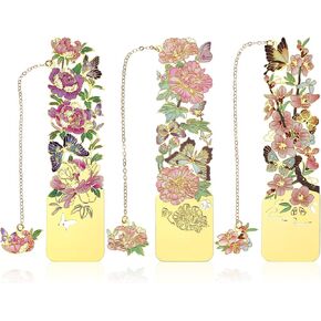 3pcs Metal Bookmarks, Bookmarks for Reading Women Flower Bookmark with Chain Pretty Bookmarks Book Lover Gifts for Women Golden Hollow Bookmarks Peach Blossom Hibiscus Peon Bookmarks