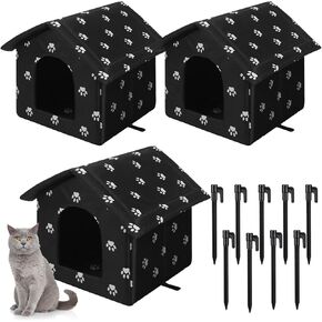 Soaoo 3 Pcs Large Cat Houses for Outdoor 17.8 x 15.8 x 17.8 Inch Stray Cats Shelter Weatherproof Outside Cat House Indoor Foldable Pet Cave with Tent Stakes for Wild Animal Dogs(Paw)