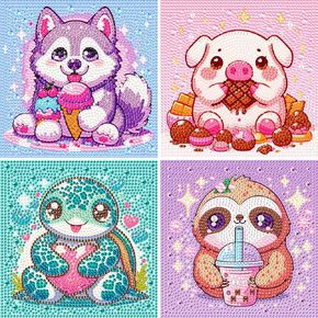 RICUVED 4 Pack Diamond Art Kits, Cute Animal Diamond Painting Kits for Adults, DIY Sloth Diamond Art Painting for Beginner Pink Pig Art and Crafts Turtle Diamond Gem Art for Home Wall Decor 6x6 Inch