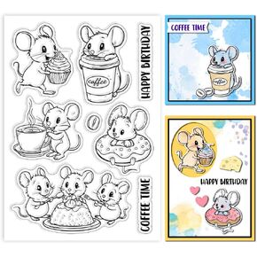 GLOBLELAND Mouse and Dessert Clear Stamps for Scrapbooking Mouse and Coffee Clear Stamps Cartoon Animal Silicone Transparent Stamp for Card Making DIY Embossing Journaling