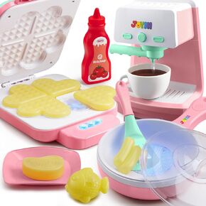 Play Kitchen Toys with Realistic Lights& Sounds, Pretend Play Toy Set for Girls Boy, Color Changing Breakfast Playset, Christmas Birthday Gift for Kids, Pink