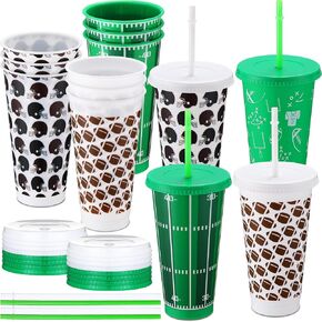 Nuogo 12 Pcs Football Party Cups Bulk 24 oz Plastic Tumbler with Lid and Straw Reusable Cups for Boyfriend Fan Sports Birthday Party Favors