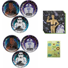 Star Wars Galaxy Birthday Party Supplies Bundle Pack includes 16 Dessert Cake Plates and 16 Napkins
