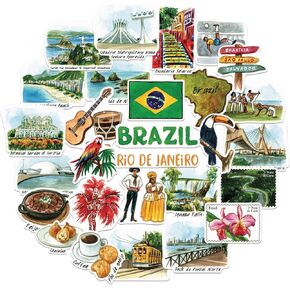 Navy Peony Sensational Brazil Travel Stickers (28pcs) - Hand-Illustrated, Rio, Brazilian-Themed Vacation Decals for Journals, Scrapbooks, Luggage