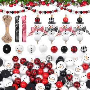 200 Pieces Christmas Wooden Beads for Craft Christmas Buffalo Plaid Round Craft Beads Farmhouse Loose Polished Spacer Beads Winter Snowman Beads with Twine Scarf Wood Beads for DIY Jewelry Décor