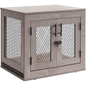 unipaws Dog Crate Furniture, Wooden Dog Kennel for Small Breed, Indoor Decorative Wood Dog Cage, Inside Side End Table Crate with Tray and Dog Bed for Puppy, Cats, Min Pigs, Rabbit, Up to 25 lbs