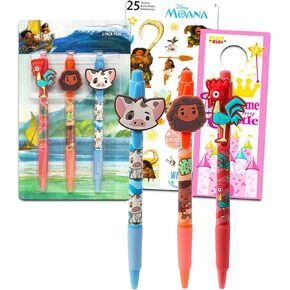Disney Moana Pens Set for Kids - Bundle with 3 Moana Pens with Rubber Character Clip, Stickers, and More | Moana School Supplies for Girls