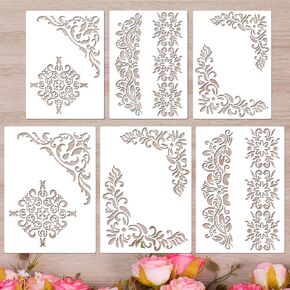 Corner Stencils for Painting, 6 Pcs Vintage Floral Border Stencil, Corner Paint Template, Reusable Damask Furniture Stencils for Wood Wall Canvas Paper Fabric Floor DIY Art Craft