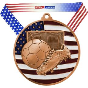 Decade Awards Soccer Patriotic Engraved Medal - 2.75 Inch Wide Futbol Medallion with Stars and Stripes American Flag V Neck Ribbon