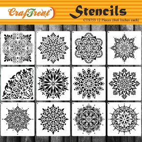 CrafTreat Reusable 12 Pieces Mandala Stencils for Painting on Wood (6x6), DIY Stencils for Crafts, Walls, Decoration, Elegant Mandala Stencils for Dot Painting
