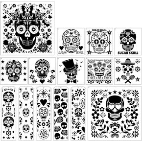 Sugar Skulls Painting Stencils Template - 15 Pcs Day of The Dead Floral Sugar Skulls Traditional Symbols Patterns DIY Stencils Drawing Template Set for Wood Table Clothes T-Shirt Painting DIY Drawing