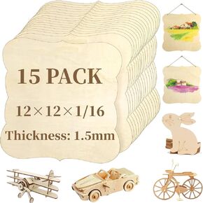 15 Pack 12 x 12 x 1/16 Inch Poplar Wood Sheets, 1.5mm Craft Wood Sheets, Unique Unfinished Wood Craft Blanks, Smooth Edge Craft Wood Board, Laser Cut Plywood Sheets for Painting, DIY Projects